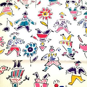 Cotton Fabric Retro Doodle People & Flowers Colorful Print 56"x61" Whimsical Kid